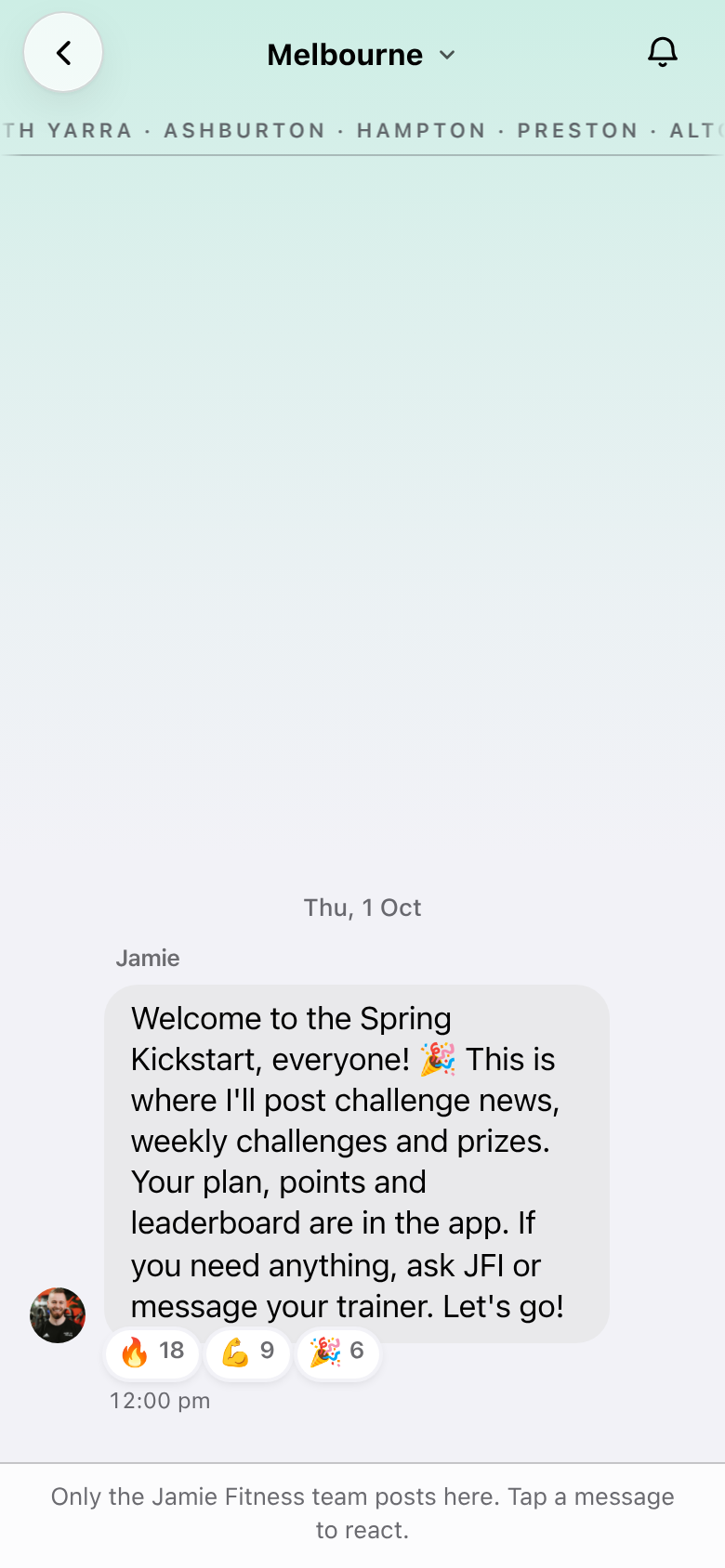 Real screenshot of the announcement-only room with Jamie's post